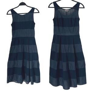 eShakti Blue Denim Patchwork Pockets Midi Dress S 6 Sleeveless 100% Cotton